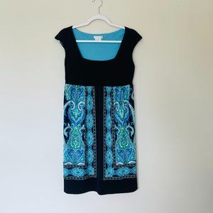 London Times Blue Cap Sleeve Mini Dress, Paisley Knee Length, Women's Sz 8